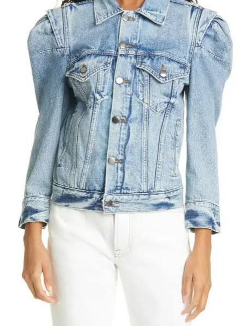 FRAME Light Wash Puff Shoulder Denim Jean Jacket Size L - Picture 8 of 8